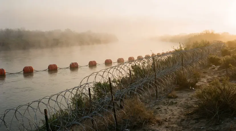 Concertina wire and a line of orange buoys along the Rio Grande at dawn, mist rising off the water.