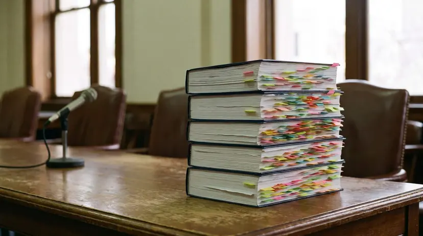 A tall stack of thick bound budget documents with colored tabs on a committee table in an empty hearing room.