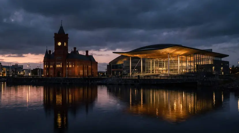 Cardiff Bay at dusk, with the red-brick Pierhead Building and the Senedd reflected in the water.