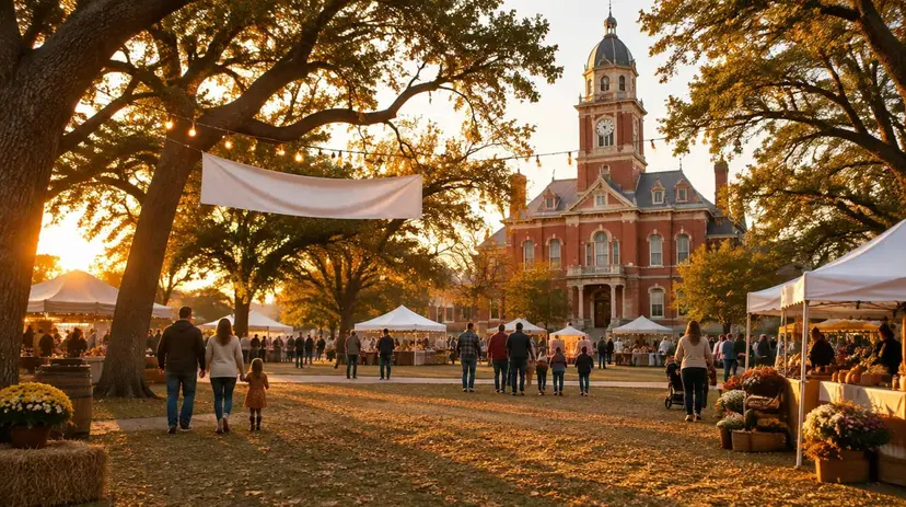 A small-town Texas festival on a courthouse square at golden hour, with vendor tents and string lights under live oaks.