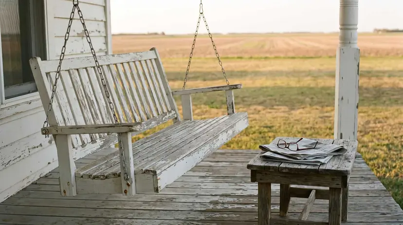 An empty porch swing on a Texas farmhouse porch in late afternoon light with reading glasses and papers on a side table.