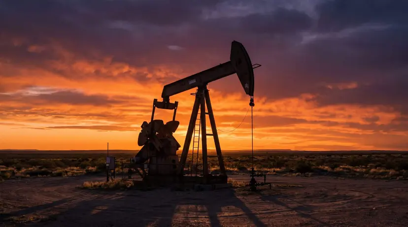 A pumpjack silhouetted against an orange West Texas sunset on the open plain.