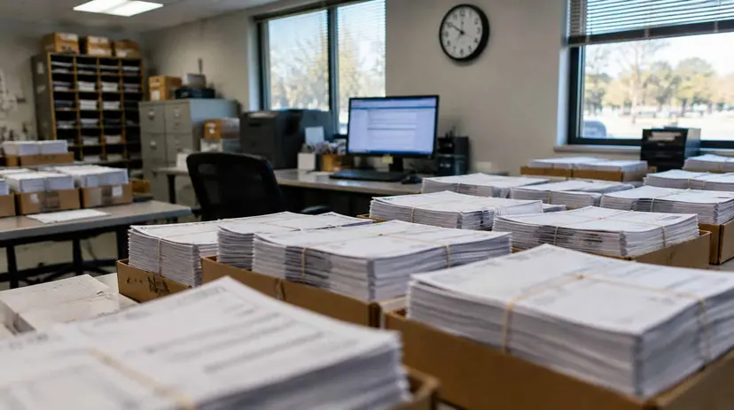 Stacks of paper forms in trays on the tables of a county elections office workroom.