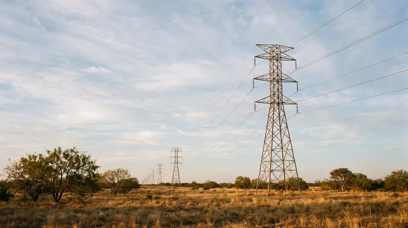 High-voltage transmission towers crossing open Texas ranchland at dusk.