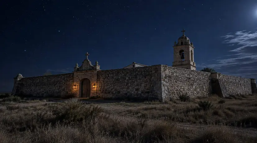 The stone walls and bell tower of a Spanish colonial presidio under a starry night sky.
