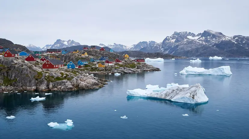 Colorful wooden houses on rocky hills above a Greenland fjord dotted with icebergs, snow-covered mountains behind.
