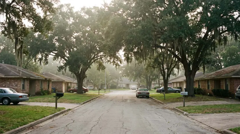A residential street of single-story brick homes under humid afternoon light in a flat Gulf Coast Texas suburb.