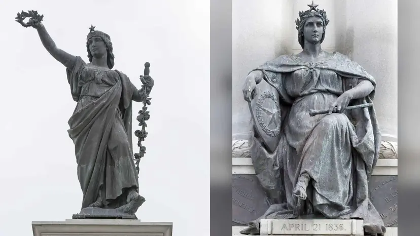 Two bronze figures from the Texas Heroes Monument in Galveston: Victory holding a laurel wreath aloft, and a seated figure with a Lone Star shield above the inscription April 21 1836.