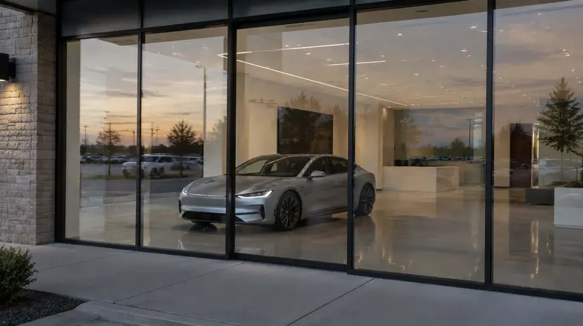 An unbadged electric sedan inside a glass-walled showroom in a suburban shopping center at dusk.