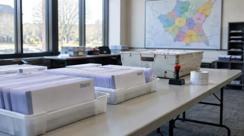 Trays of outgoing absentee ballot envelopes on a table in a county election office, with a district map on the wall.