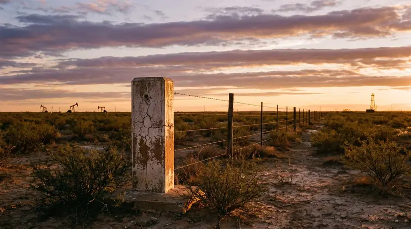 A weathered concrete boundary marker beside a barbed-wire fence running across Permian Basin scrubland at sunset, with pumpjacks on the horizon.