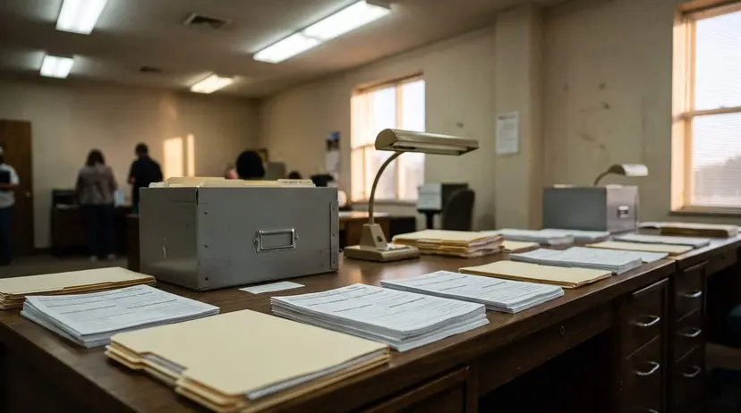 Stacks of paper voter registration forms and manila folders beside a gray metal records box on a long table in a county elections office.