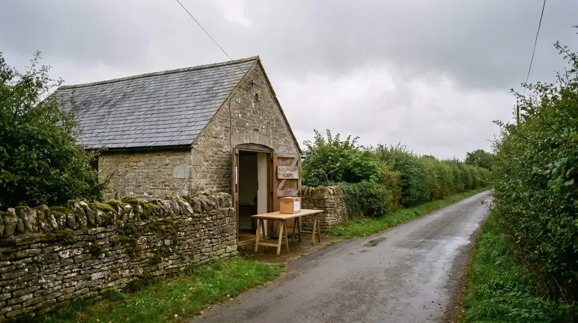 A small stone village hall beside a country lane in rural England, with a ballot box on a table by the open door.