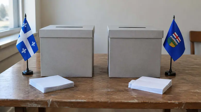 Two ballot boxes on a wooden table, one beside a Quebec flag and one beside an Alberta flag.