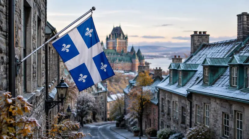 The Quebec flag hangs over a frosted old Quebec City street, with the Chateau Frontenac beyond.