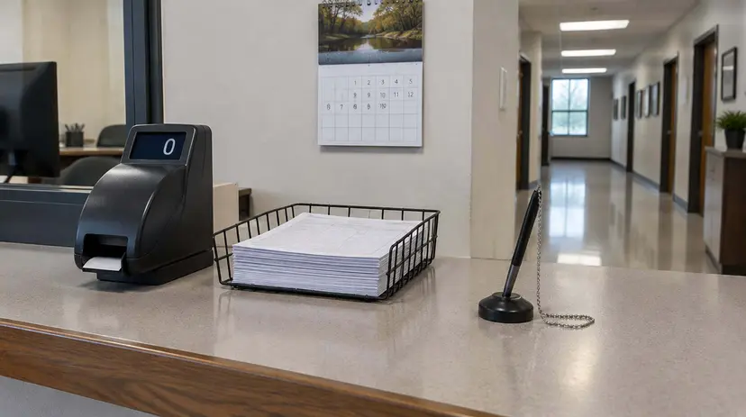 A county voter registrar's service counter with blank registration forms in a wire tray and a queue ticket dispenser.