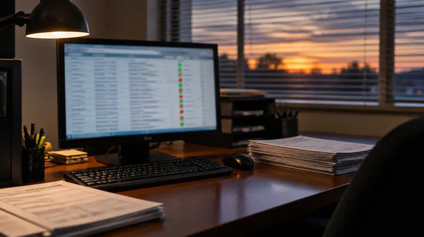 A computer screen of database records beside stacks of paper forms on a desk in a voter registrar's office at dusk.