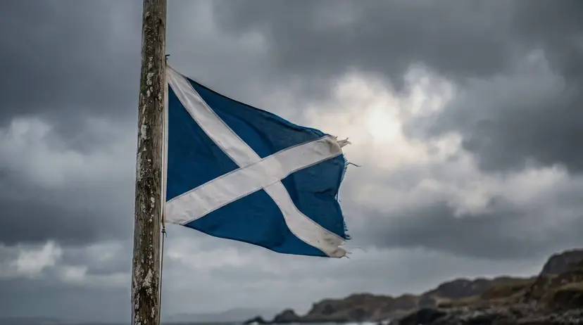 A weathered Saltire, the flag of Scotland, flying from a wooden pole against a heavy gray sky above a coastal headland.