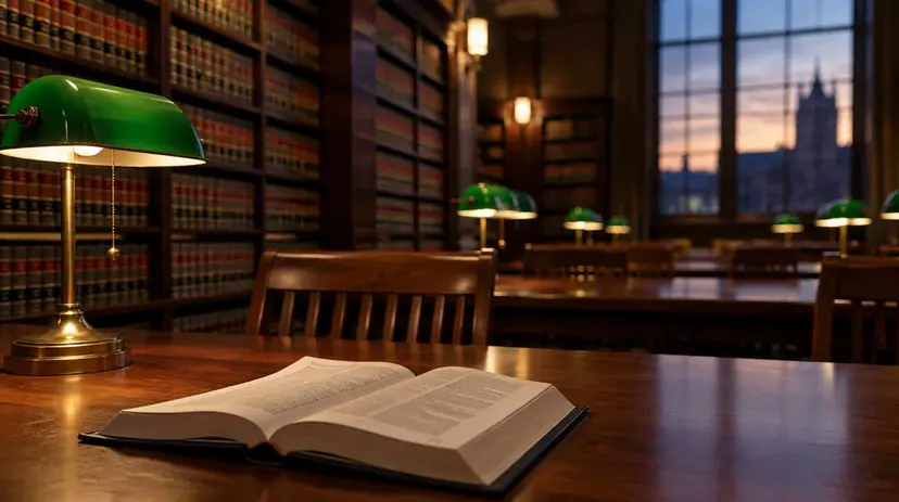 A traditional law library at dusk with green-shaded lamps, long wooden tables and an open casebook.