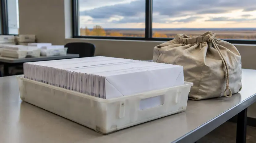 A tray of sealed mail-in ballot envelopes and a canvas mail sack on a table in an election office, prairie sky outside.