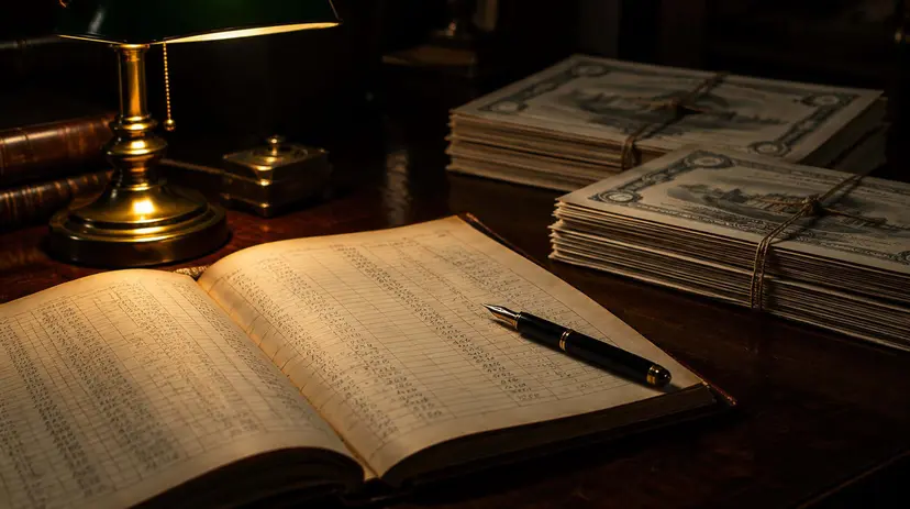 An open accounting ledger and stacks of bond certificates on a dark desk under a brass banker's lamp.