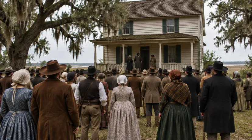 Illustration: a crowd of 1830s Texans gathered before a two-story frame building under live oaks on the coastal prairie.