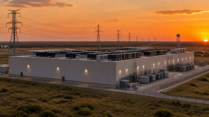 A large data center on the Texas prairie at sunset, with transmission towers and a water tower nearby.