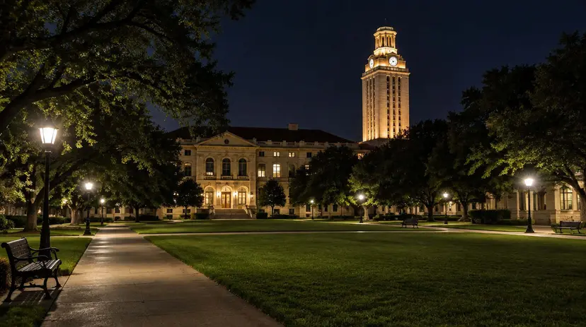 An empty university quad at night with lamp-lit walkways, benches and a lit clock tower behind.