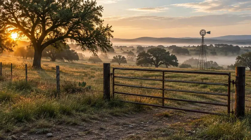 A closed ranch gate and barbed-wire fence on Texas grassland at sunrise, with live oaks and a windmill beyond.