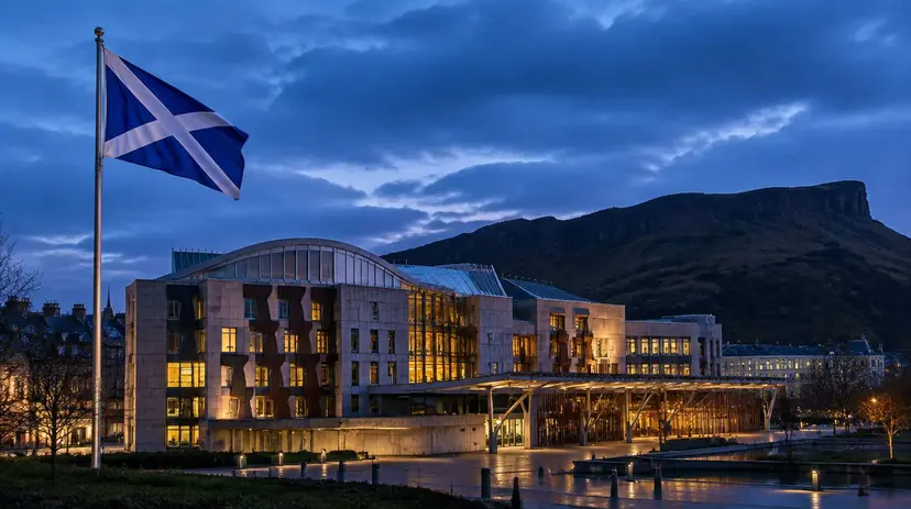 The Scottish Parliament building at Holyrood in Edinburgh at dusk, with a Saltire flying in the foreground and Salisbury Crags behind.