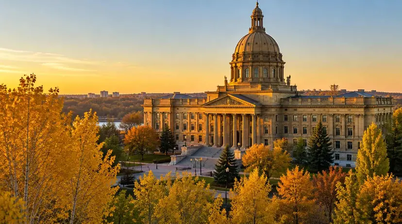 The Alberta Legislature Building in Edmonton at golden hour with autumn aspens on the grounds.