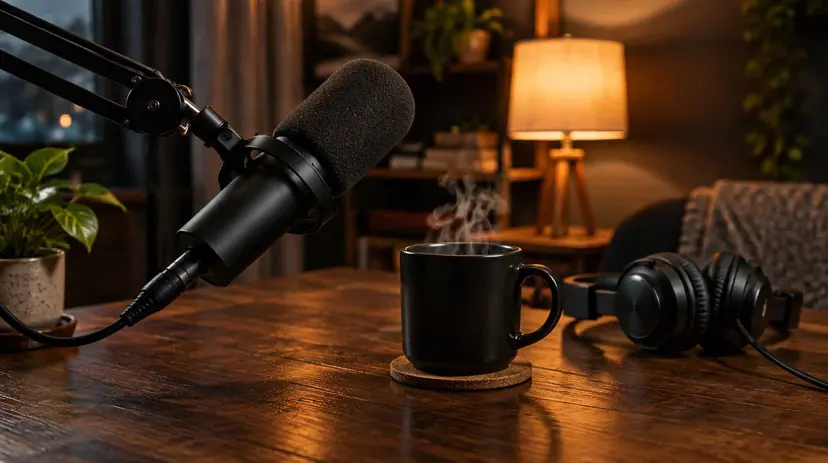 A podcast microphone on a boom arm beside a steaming black coffee mug and headphones on a wooden desk at night.