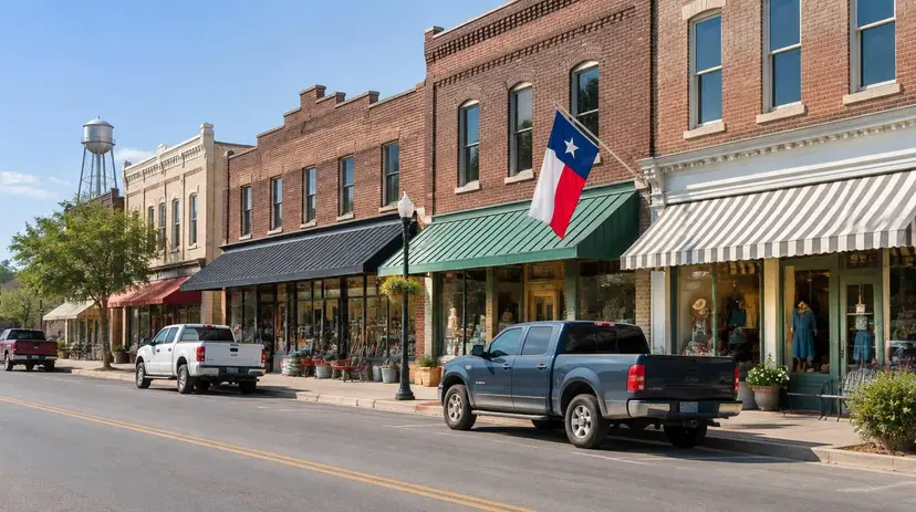 A historic Texas small-town main street with brick storefronts, awnings, parked pickups and a Texas flag.