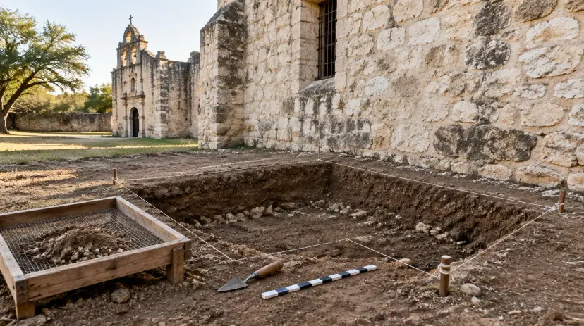 An excavation trench with a sifting screen and trowel beside the limestone wall of an old Texas mission church.