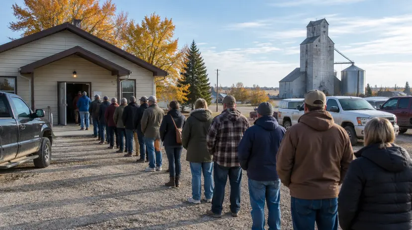 Voters line up outside a small community hall polling station in a prairie town in Alberta.