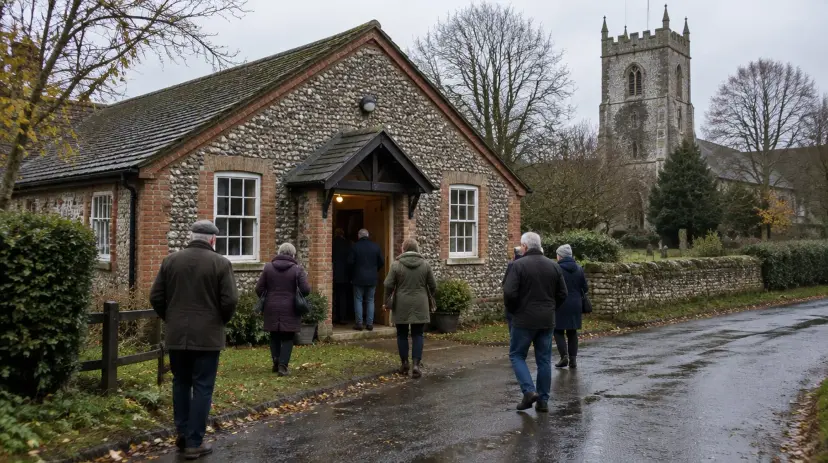 Residents walk into a flint village hall in rural Suffolk on a grey autumn afternoon.