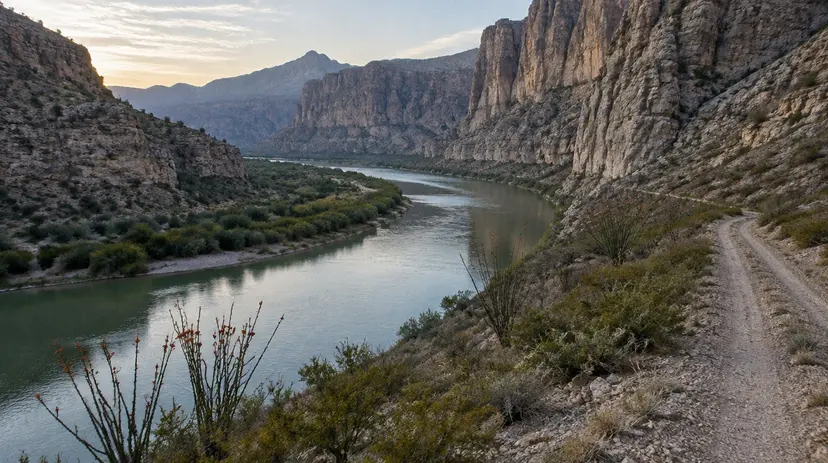 The Rio Grande winding through a desert canyon in the Big Bend region at morning.