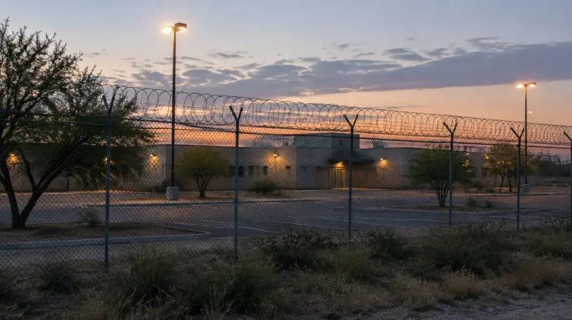 A detention facility behind a razor-wire fence in South Texas brush country at dawn.