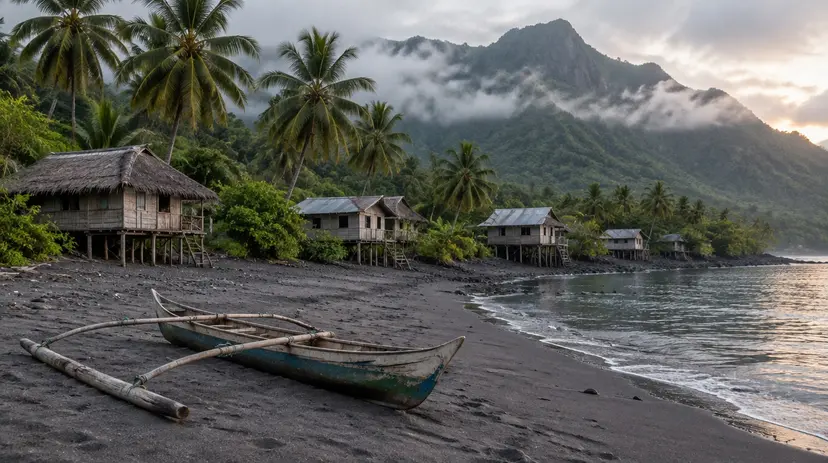 A coastal village with houses on stilts under palms on a South Pacific island at dawn.