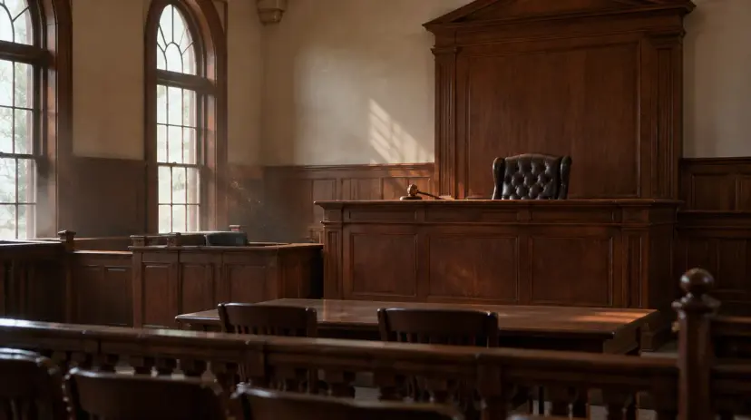 An empty wood-paneled county courtroom with an unoccupied judge's bench and a gavel.