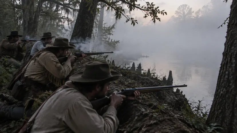 Reenactors dressed as 1835 Texian volunteers fire long rifles from behind a riverbank in morning fog.