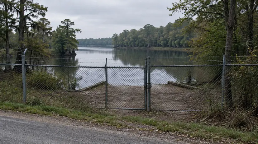 A chain-link fence closes off an old boat launch at the edge of a tree-lined East Texas lake.