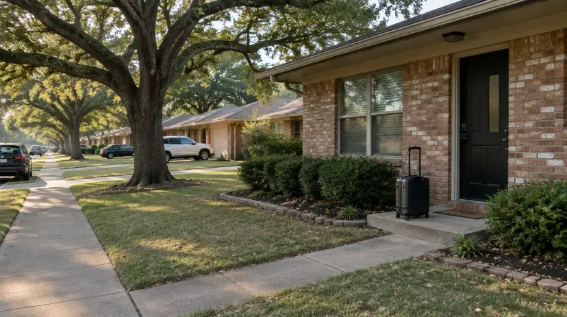 A suitcase on the front walk of a brick house on a quiet Dallas residential street.