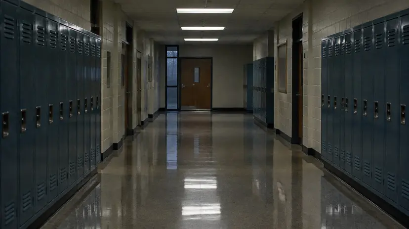 An empty public school hallway lined with lockers after hours.