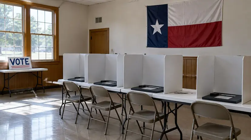 Empty voting booths on folding tables in a Texas community hall with the Texas flag on the wall.
