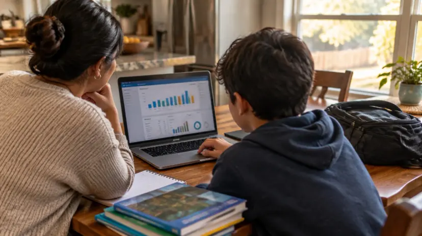 A parent and child at a kitchen table look at a laptop showing a chart dashboard.