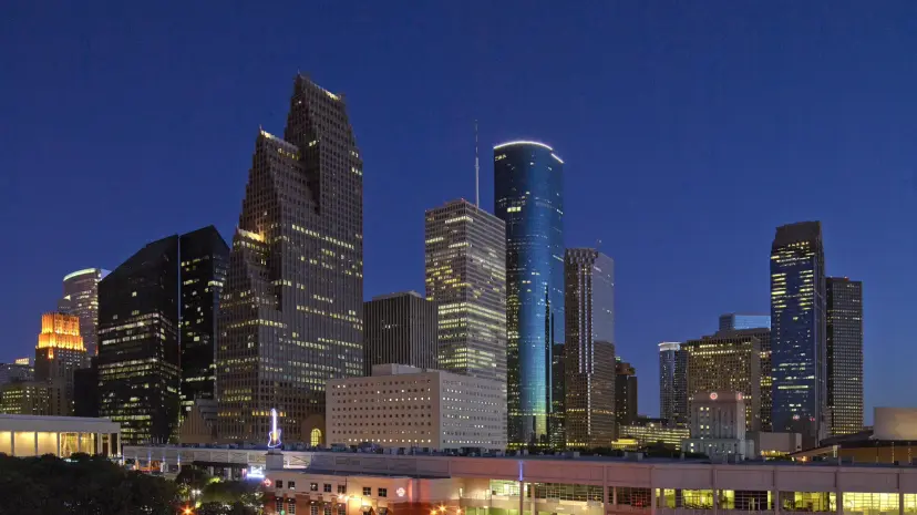 The downtown Houston skyline at dusk