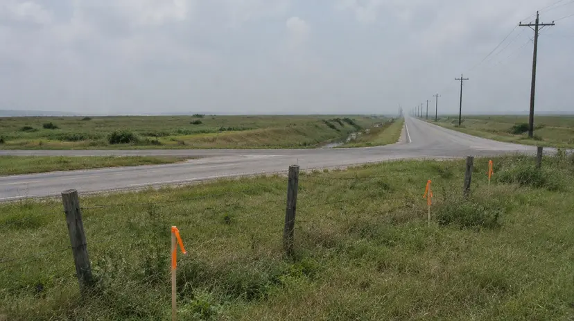 A flat grassy field at a rural farm road intersection on the Texas Gulf Coast plain.