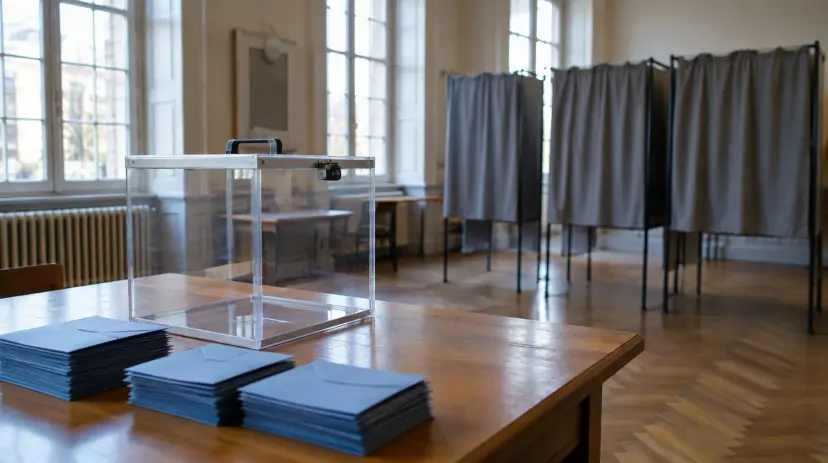 An empty French polling station with a transparent ballot box and blue voting envelopes on a wooden table.