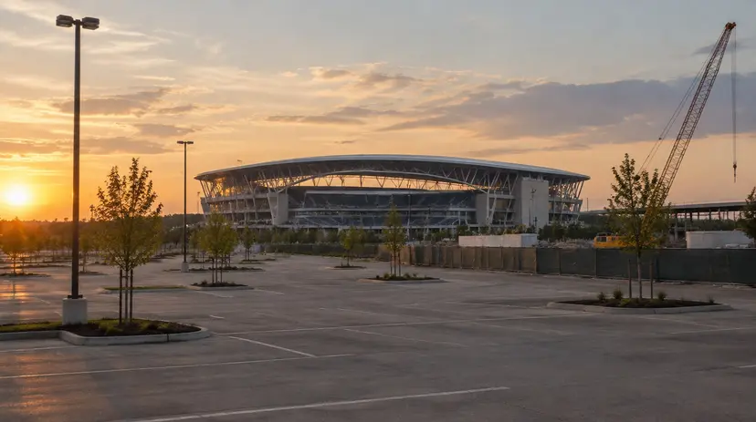 A soccer stadium seen across a parking lot at golden hour, with a crane at the lot's edge.